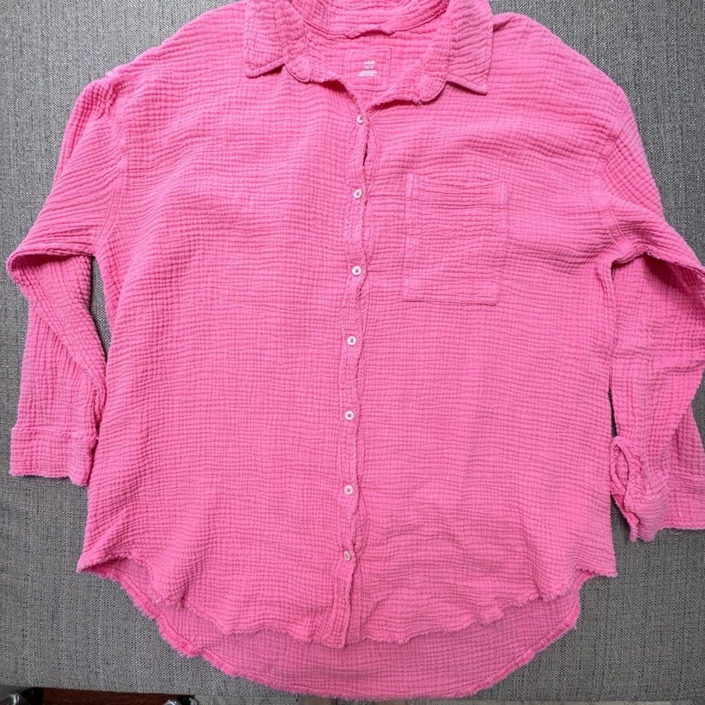Aerie Pink Cotton Gauze Button Down Shirt Oversized Raw Hem Medium